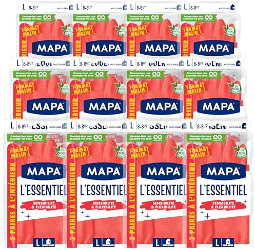 Spontex MAPA L'Essentiel - 24 guanti da pulizia in lattice interno in fibra di cotone, sensibilità e flessibilità, rivestimento antiscivolo, 12 confezioni da 2 paia