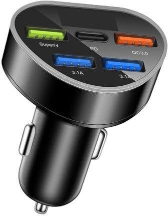 Cargador USB de coche - Puertos, Cargador USB para encendedor de cigarrillos del coche, distribuidor de encendedor de cigarrillos 5 en 1 66 W con pantalla de voltaje LED, adaptador de cargador de