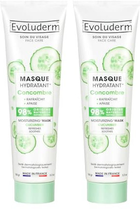 EVOLUDERM – Masque Hydratant Concombre – 150 ml – 98% d’Origine Naturelle – Végan – Fabrication Française – Lot de 2 x 150 ml