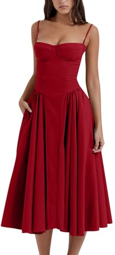 midelxp Korsettklänning för damer, elegant midi-klänning med spagettiremmar, bustier, lågt skuren, blommig, med veckad fåll, formell klänning med fickor, M