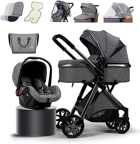 3 in 1 Baby Stroller Toddler Pushchair Foldable Lightweight Ultra Compact with Fan Mommy Bag Rain Cover, Footmuff, Blanket, Cooling Pad, Mosquito Net - Infant Prams for 0-3 Years Old