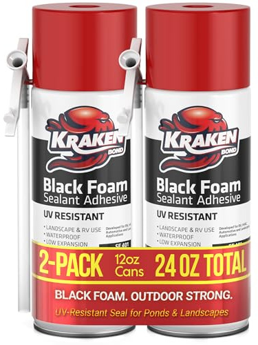 Kraken Bond Black Spray Waterfall Foam Sealant - (2x12oz) Expanding Polyurethane Pond Foam Sealer Black, UV Resistant Insulating Spray for Landscape & Exterior, Straw Use, 2 Pack