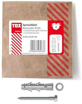 TOX Spreizdübel Barracuda 10x50 mm + Schraube, Dübel mit sehr hohen Haltewerten für Vollstein und Beton, 2 Stück in einer wiederverschließbaren und umweltschonenden Papierverpackung, 013601081