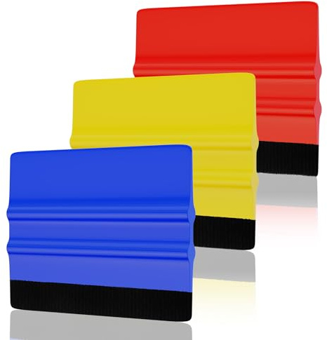 10PCS Felt Squeegee Applicator Tool, Plastic Squeegee for Vinyl, Scraper Tool with Soft Felt for Window Tint with Black Felt for Decal Sticker Installation （Blue, Yellow, Red)