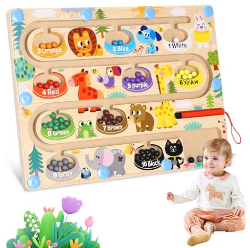 Zaxiva Montessori Spielzeug Magnetspiel Labyrinth ab 3 4 5 6 7 8 Jahre, Magnet Spielzeug Kinder Holzspielzeug, Zahlen Farben Lernen Sortierspiel,Kinderspielzeug Magnet Spiel Geschenk für Mädchen Junge