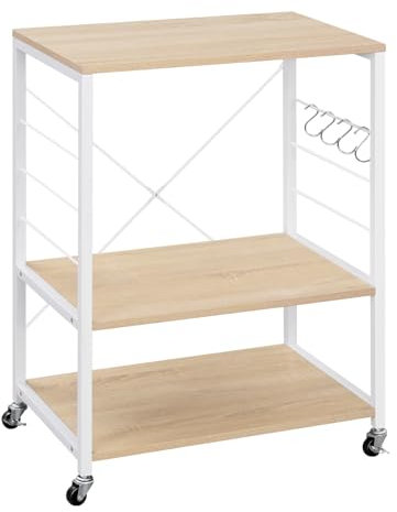 WOLTU Küchenregal auf Rollen, Mikrowellen-Regal mit 3 Ablagen & 4 Haken, dreistufiger Servierwagen mit Metallrahmen, Mikrowellenhalter, Helle Eiche + Weiß, 60x40x82,5 cm