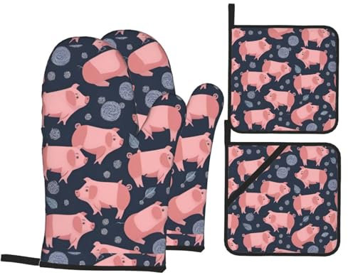 Mitaines De Cuisine Motif De Cochons Mignons Antidérapant Kitchen Mittens Professionnel Maniques Cuisine pour Grillade Barbecue Four,4 Pièces