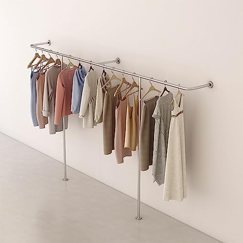 Heavy Duty Silver Industrial Pipe Wall Mounted Clothing Rack for Closet Storage and Towel Hanging T Shaped Retail Display Stand with Creative Clothes Rail Ideal for Garment nization