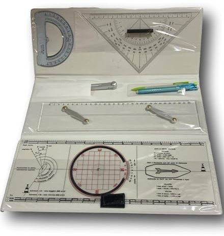 Agendepoint.it - Set strumenti per nautica - compasso, squadretta, goniometro, righello a snodo, matite, in custodia