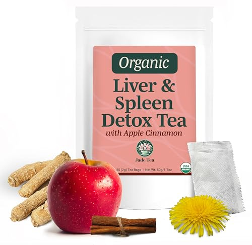 Jade Tea - Organic Liver & Spleen Detox Tea - Organic Dandelion Root Tea, Burdock Root, Ginger Root & Orange Peel - Supports Liver, Kindey, Gallbladder & Spleen Health - Apple Cinnamon Flavor