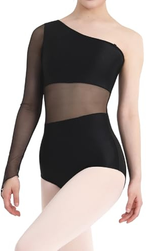 ZYXWVU Maillot de Danza de un Hombro para Mujer, Ballet y Gimnasia | Manga larga de malla transparente de un solo hombro, con presillas elásticas para los dedos, tirante extraíble y ajustable