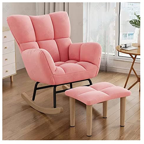 Moderner rosa Schaukelstuhl mit Fußhocker, getuftet, hohe Flügellehne, für Kinderzimmer, Wohnzimmer und Schlafzimmer, gepolstertes bequemes Kissen