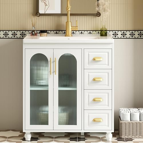 Mobile da bagno singolo con mobiletto da 80 cm, con lavabo in ceramica, pratica conservazione, ante in vetro, maniglie in filigrana, colore bianco