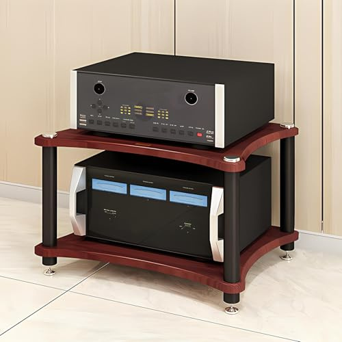 RAJYQODIS Heavy Duty Audio Component Rack, Large Storage Space AV Media Stand with Shock-Absorbing Foot pegs, Audio Rack Tower CD Player Stand for Home/Office/Audio Video/Theate (Teak, 2nd)