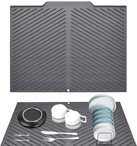 Silicone Dish Drying Mat, 51x42CM Silicone Draining Mat for Kitchen Sink, Draining Board Mats, Dish Drainer Mat with Non-Slip Design, Heat Resistant Trivet Countertop Protector, Easy to Clean, Grey
