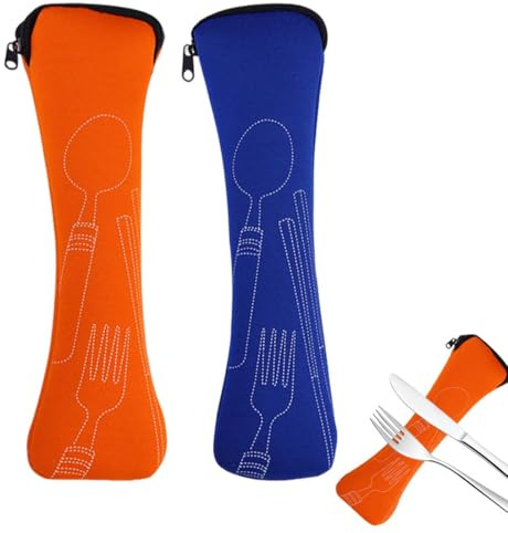 BQRKOTM2 Piezas Bolsa Para Cubiertos, Porta Cubiertos Portátil con Cremallera de Neopreno, para Camping, Picnic, Escuela, Almuerzo de Cubiertos para Llevar (Naranja, azul oscuro)