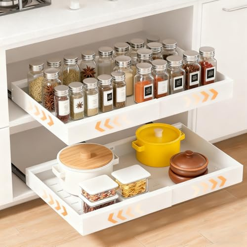 BOPEUY 2 Pezzi Cassetto Estraibile Cucina, Cassetto Telescopico Cucina, Organizer Estraibili Adesivi per Armadi da Cucine, Cassetti Scorrevoli per Cucine, Larghezza regolabile da 32 a 53 cm, Bianco