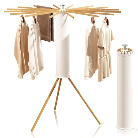 BAZANADI Heavy-Duty Wooden Tripod Clothes Drying Rack, 16 Rods, Large Capacity, 360° Airflow Umbrella Dryer, Foldable Space-Saving Floor Stand for Indoor Outdoor Use
