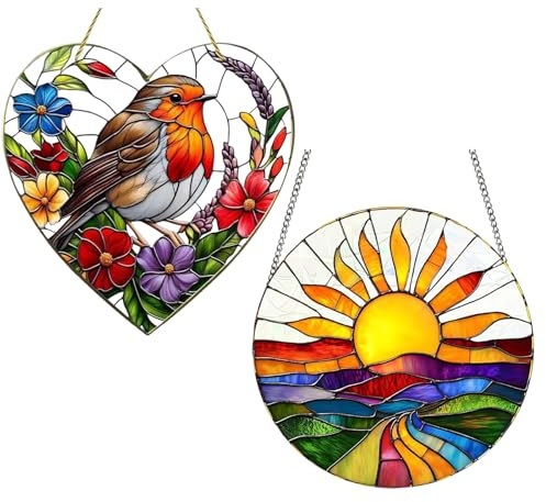 2-Pack Sun Catchers for Windows: Heart with Robin & Flowers and Round Sun Landscape, 20x20cm Acrylic Hanging Ornaments, Vibrant Garden & Home Decor