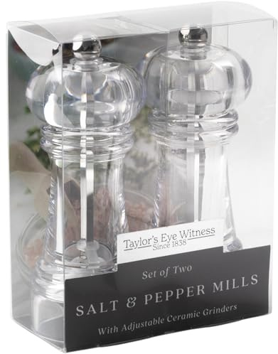 Lot de 2 moulins à sel et poivre - Tête en plastique transparent et verre rechargeables pour la cuisine - Recharge avec table ou sel de l'Himalaya, épices pour assaisonnement