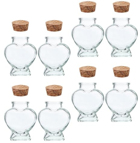 MUELODSIC Mini Botellas Decorativas de Vidrio Transparente en Forma de Corazón 50 Ml con Tapón de Corcho Frascos para Deseos y Almacenamiento Juego de 8 Unidades para Manualidades y