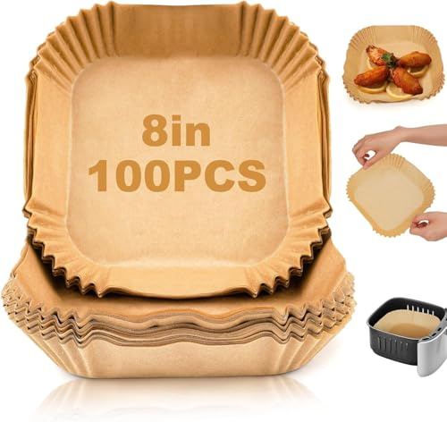 100PCS Air Fryer Parchment Paper Liners – Unbleached, Greaseproof Disposable Sheets for 8.5–10″ Baskets – Compatible with COSORI, Ninja, Tefal, Tower, Russell Hobbs – Non‑Stick & Heat Resistant