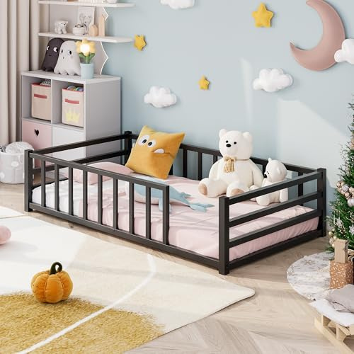 VECOCHO Montessori Kinderbett 90×200 mit Rausfallschutz&Lattenrost,Schwarz | Bodenbett 90x200 cm bis 200 kg belastbar, Kinder Bett für Jungen & Mädchen,Leicht zu Montieren und Stabil
