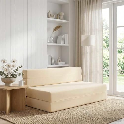 Augerqir Sofá cama plegable color crema 152 x 86,5 x 60 cm tela 2 en 1 sofá cama con funda extraíble, muebles de salón plegable, cómodo conjunto de tapicería para oficina y dormitorio