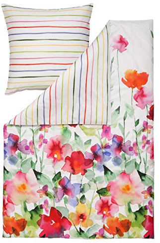 ESTELLA Wendebettwäsche Aquarell 4703 985 Bunt Blumen Blüten Streifen Gestreift Mako Satin, Größe:240 cm x 220 cm
