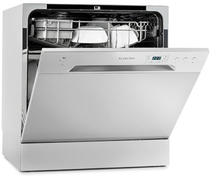 Klarstein Amazonia 8 - Mini Lavastoviglie, Classe A+, 1620 Watt, Posizionamento Libero, 6 Programmi, 2 Ripiani per Posate Estraibili, Aquastop, Tubo di Scarico Preinstallato, Argento