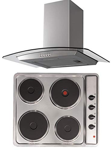 SIA 60cm Stainless Steel 4 Zone Plate Electric Hob And Curved Glass Cooker Hood
