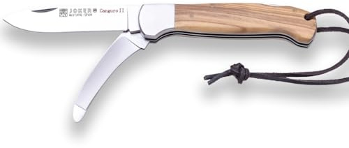 Joker Navaja de caza multiusos Canguro II NO127, hoja acero inox mova de 8 cm + hoja desollador, cachas de olivo, virola inox, herramienta de pesca, caza, camping y senderismo