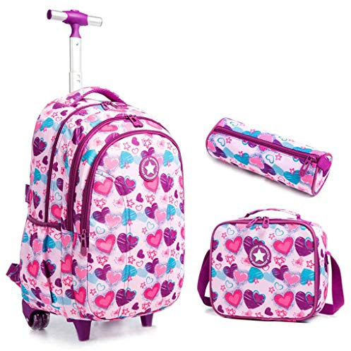 IvyH Schulranzen Trolley Rucksack mit Rollen Kinder Grosse Kapazität Schulrucksäcke Beiläufig Schultrolley für Grundschüler 4 Räder(Rosen rot)
