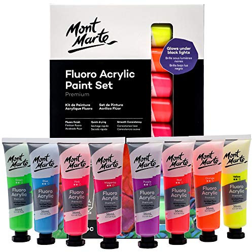 MONT MARTE Peinture Acrylique – Fluorescent, Néon – 8 Pcs, 36 ml Tubes – Couleurs résistantes à la Lumière – Effet Néon, brille sous la Lumière Noire