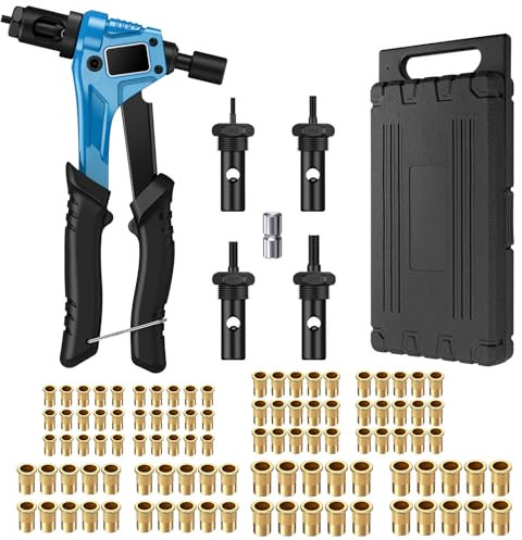 ESYNiC Kit 8 Rivettatrice Professionale con 100pz Rivetti Dadi M3 M4 M5 M6 Pinza Pistola Manuale a Rivetti Mandrini Dadi Rivettatrice per Inserti Filettati per Auto Rimorchi Mobili Industria - Blu
