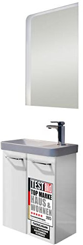 FACKELMANN Milano Gäste WC Set 5 Teile/Waschbecken/Waschbeckenunterschrank/Waschbeckenbeleuchtung/Armatur/LED-Spiegel/Badmöbel Set mit Soft-Close/Korpus & Front: Weiß/Breite: 55 cm