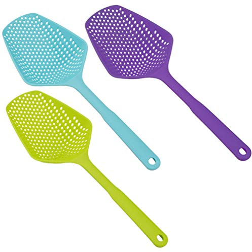 Goeielewe 3-Pack Food Scoop Colander Strainer Slotted Spoon with Handle, Plastic Heat-Resistant Large Slotted Strainer and Skimmer for Pasta, Vegetables, Salad (3 Colors)