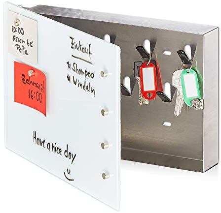 relaxdays Schlüsselkasten mit Glasmagnettafel Cassetta Portachiavi con Pannello Magnetico, 20x30 con 7 Ganci, 6 Magneti, Lavagna Scrivibile, Bianco/Argento, Gomma, Set da 1 pz