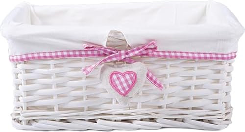 Natural Wicker Storage Basket with Lining Hamper Baskets for Gifts Empty Baskets for Shelves (White, Pink Strip, Medium)