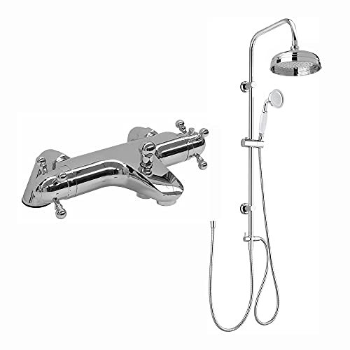 ENKI, Gallant, BBT0230, Chrome, Thermostatic Deck Mounted Bath Shower Mixer Valve Dual Rigid Riser Kit, Solid Brass, Overhead Shower & Hand Shower, Anti-Scald Device, Traditional, 1-Year Guarantee