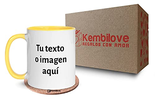 Kembilove Tazas desayuno Personalizadas con Foto – Regalos originales para hombre – Tazas originales para regalar – Capacidad 350 ml – Taza personalizada con el Interior en Color Amarillo