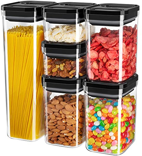 MR.SIGA 6 Piece Airtight Food Storage Container Set for Pantry Organization | BPA Free, stackable, one-handed kitchen storage containers for cereals, spaghetti, pasta, black