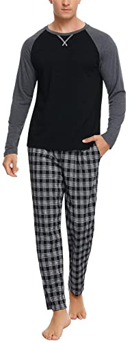 Litherday Men's Pyjamas Sets Long Sleeve Cotton Plaid Loungewear Nightwear Classic Breathable Sleepwear Pants Pjs Set with Pockets(Black,L)-2