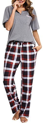 Bresdk Schlafanzug Damen Lang Zweiteiliger Pyjama mit Karierter Hose | Premium-Mix bietet hohe Atmungsaktivität, leichten Stretch und weichen Hautkomfort