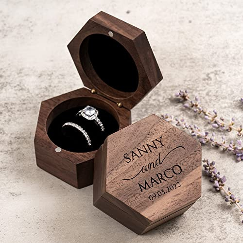 KEMEILA Sechseckige Ringschatulle aus Holz, personalisierbar, Doppelring, Verlobung, Hochzeitstag