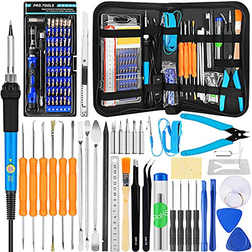 Juego de soldador, HANDSKIT 60W Kit Soldador Eléctrica con 5 Puntas, Juego de Destornilladores de Precisión, Ayudas de Soldadura 6 Piezas, Pinzas, Alambre de Soldadura, Bomba de Desoldar, Alicates
