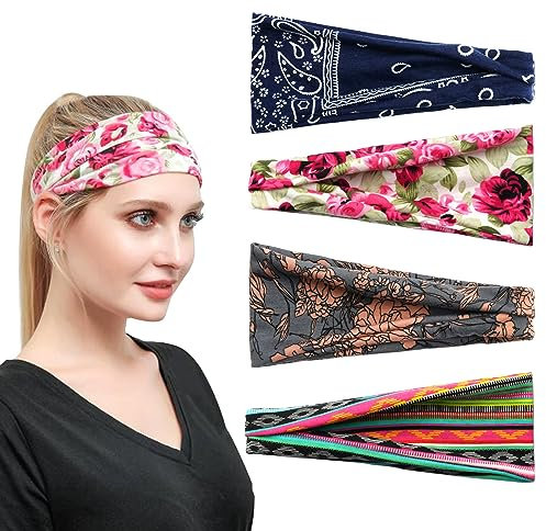 scicent Haarband Damen 4 Stück Stirnband Haarbänder Sport Yoga Workout Gym Stirnbänder Elastische Haarreifen Sommer Bandana - 13212