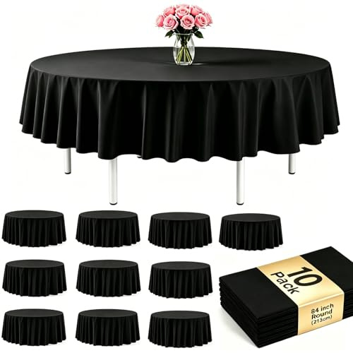 PLULON 10 Stück runde Kunststoff-Tischdecke, Schwarz, 213,4 cm, wasserdicht für Abschluss- und Geburtstagsfeiern, Hochzeiten, Picknicks, Zuhause Dekorationen - Großpackung