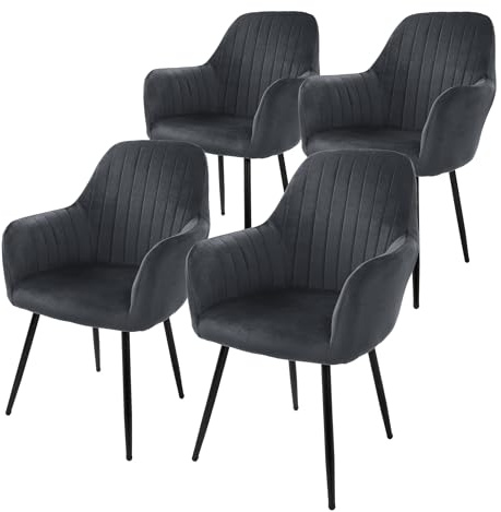 ML-Design 4er Set Esszimmerstühle mit Rücken- und Armlehnen, Grau, Küchenstühle mit Samtbezug, Polsterstühle mit Metallbeinen, Ergonomische Stühle für Esstisch, Wohnzimmerstühle Esszimmerstuhl