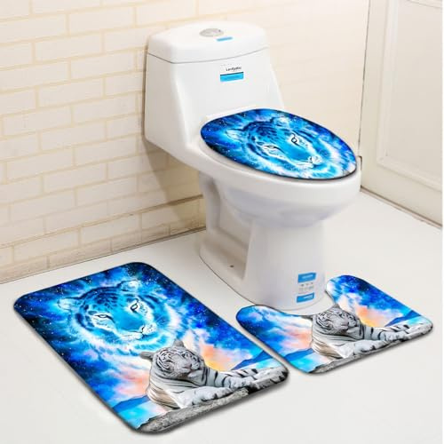 Badezimmerteppich Set 3 Teilig Tierischer WeißEr Tiger Badematte rutschfest Bad Teppiche Set U-förmiger Teppiche und WC-Deckelbezug für Dusche und Toilette